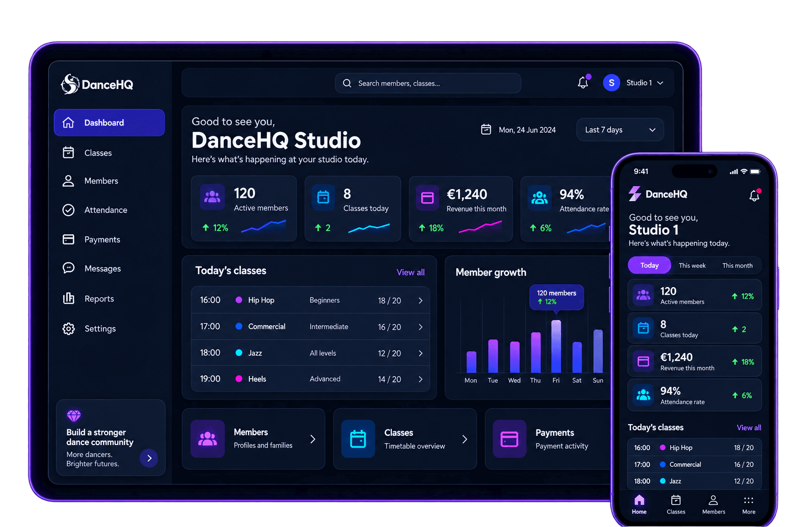 DanceHQ dashboard with companion mobile app preview